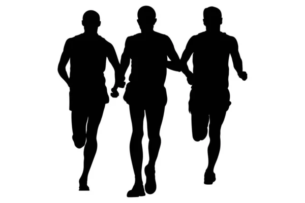 团体男子赛跑选手一起跑马拉松前景 黑色轮廓白色背景 体育矢量插图 — 图库矢量图片