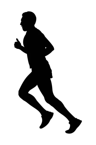 Black Silhouette Male Athlete Runner Running Race Side View Outline — Stock Vector