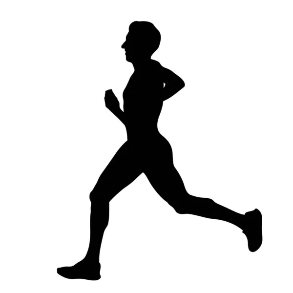 Muscular Athlete Runner Running Marathon Black Silhouette White Background Sports — Stock Vector
