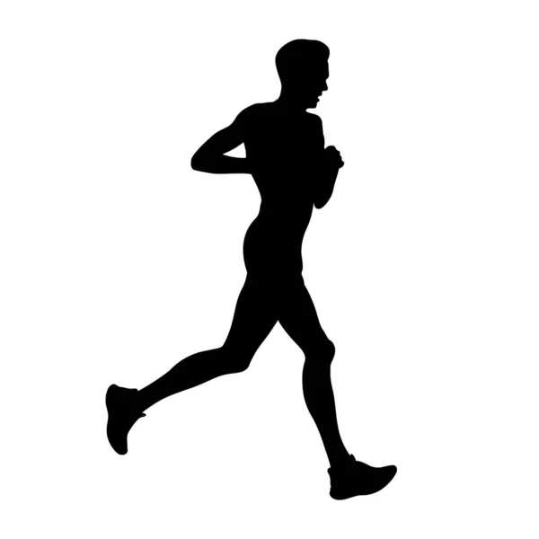Corredor Masculino Correndo Maratona Silhueta Preta Fundo Branco Ilustração Vetorial — Vetor de Stock