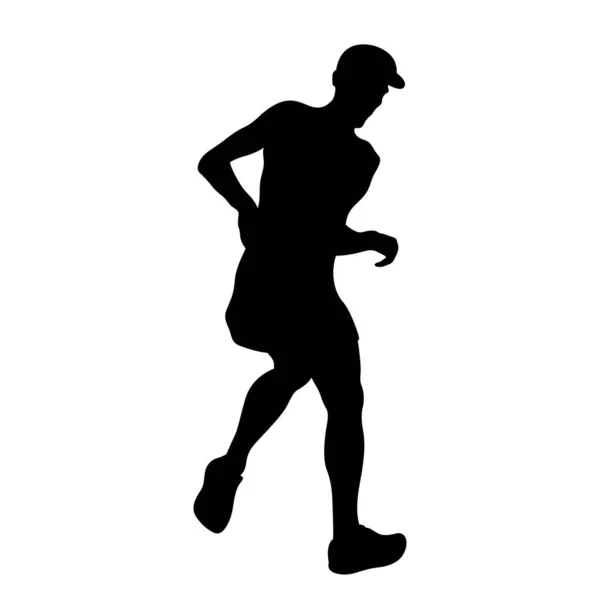Atleta Sesso Maschile Che Corre Discesa Silhouette Nera Sfondo Bianco — Vettoriale Stock