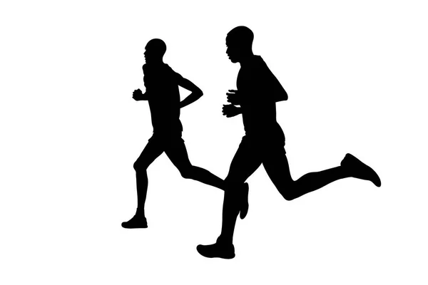 Dois Líderes Maratona Atleta Kenyan Corredor Executar Silhueta Preta Fundo — Vetor de Stock