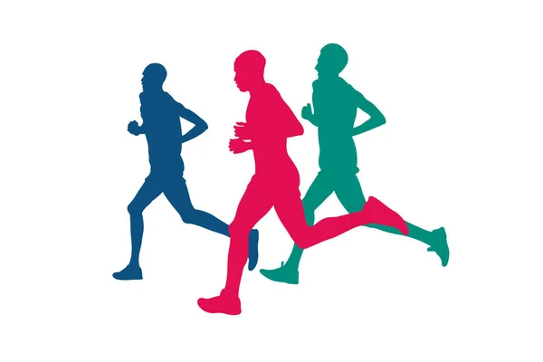 Corredores Reais Atleta Correndo Maratona Silhuetas Coloridas Fundo Branco Ilustração — Vetor de Stock