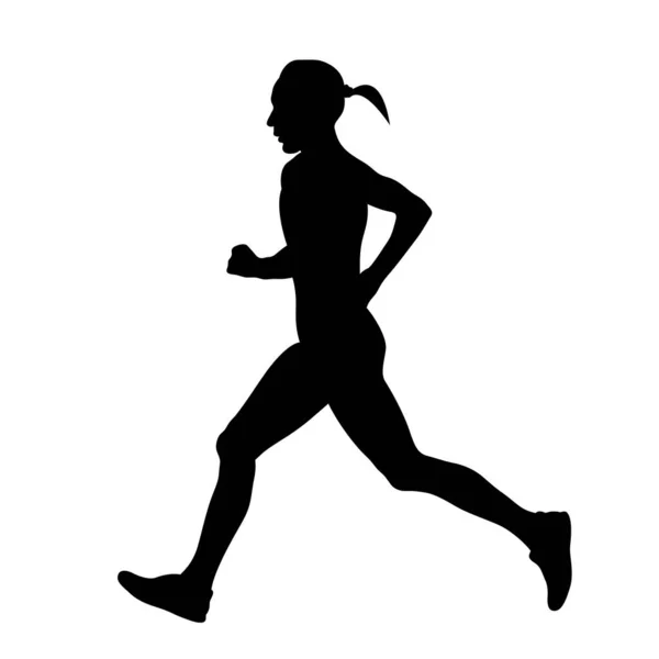 Czarny Sylwetka European Kobieta Biegacz Biegnący Maraton Białym Tle Wektor — Wektor stockowy