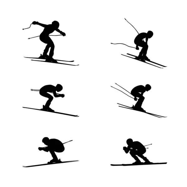 Set Group Alpine Skiing Men Athlete Downhill Black Silhouette White —  Vetores de Stock