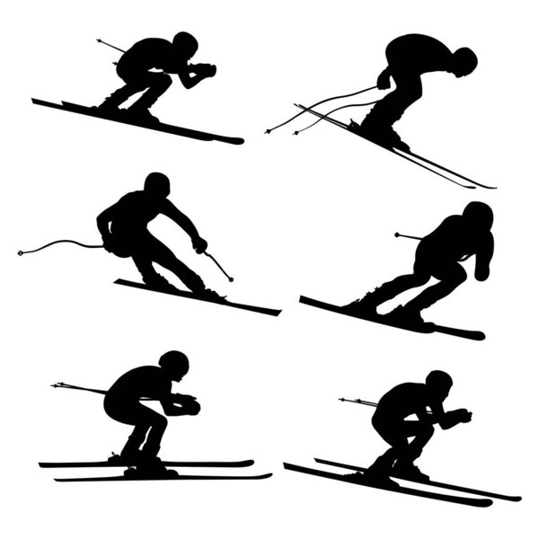 установить горных лыжников атлет черный силуэт на белом фоне, спортивный вектор иллюстрации