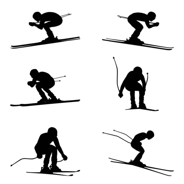 Set Black Silhouette Athlete Alpine Skier Downhill Race Figure White — Stock Vector