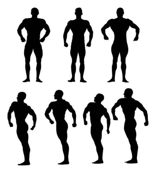 Gruppo Atleti Maschi Culturisti Piena Crescita Bodybuilding Silhouette Nera Sfondo — Vettoriale Stock