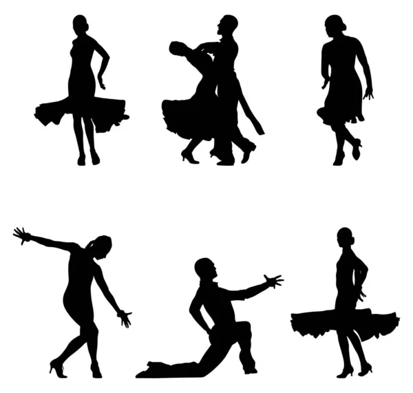 Set Pareja Baile Los Deportes Baile Silueta Negro Sobre Fondo — Archivo Imágenes Vectoriales