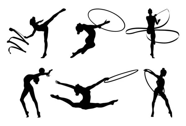 Set Mädchen Rhythmische Gymnastik Silhouettenübung Mit Ball Band Reifen Auf — Stockvektor