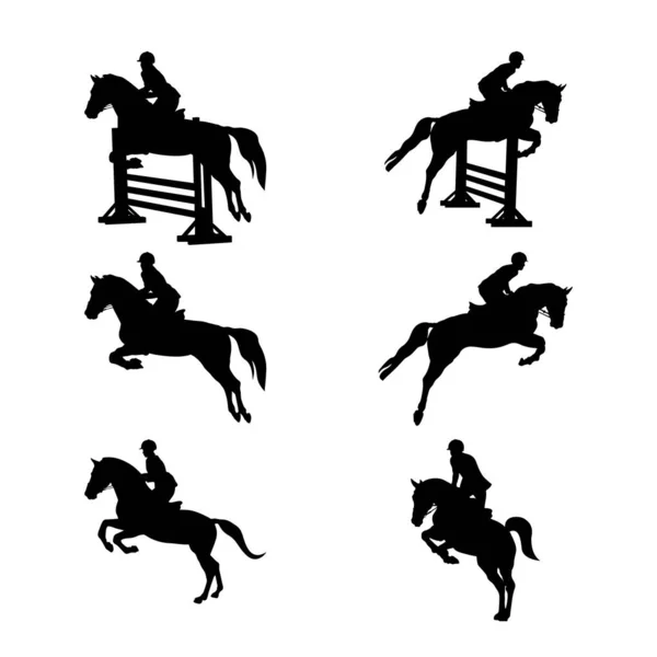 Set Gruppe Pferdesport Frauen Und Männer Reiter Pferd Schwarze Silhouette — Stockvektor
