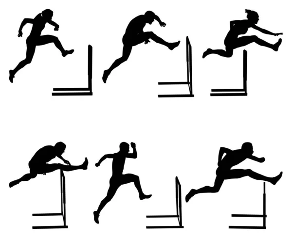 Set Männliche Und Weibliche Athleten Beim Hürdenlauf Der Leichtathletik Schwarze — Stockvektor