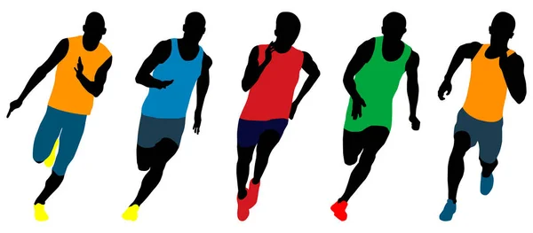 Setzen Leichtathletik Läufer Sprinter Laufen Farbige Silhouetten — Stockvektor