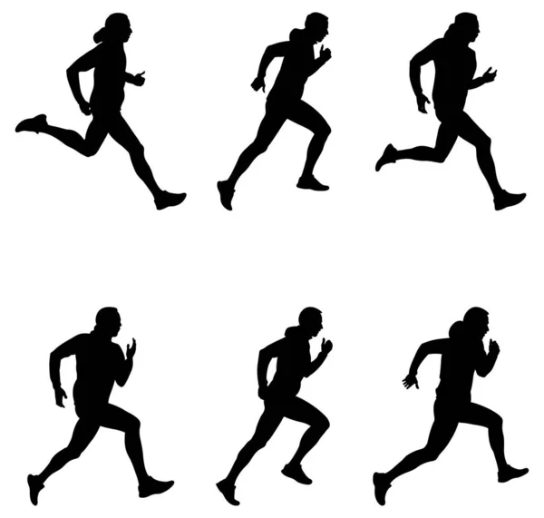 Set Αρσενικό Δρομέας Στο Τρέξιμο Αντιανεμικό Πλαϊνή Όψη Μαύρη Σιλουέτα — Διανυσματικό Αρχείο