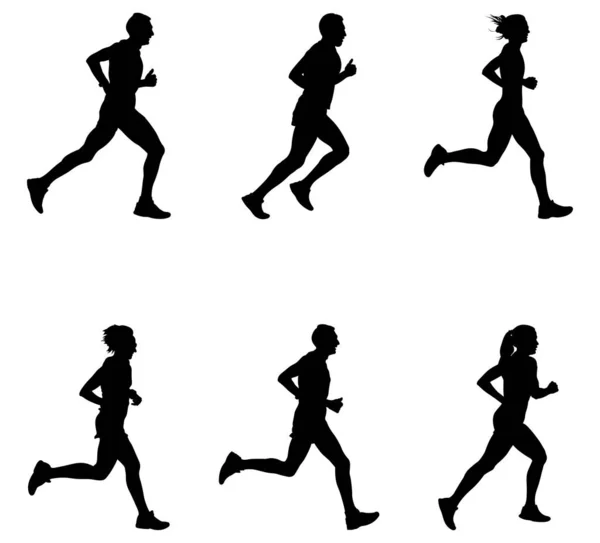Set People Homem Mulher Correndo Maratona Corrida Silhueta Preta Vetor — Vetor de Stock