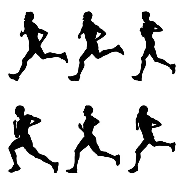 Set Black Silhouette Male Athlete Runner Running Marathon Race Sports — Stock Vector