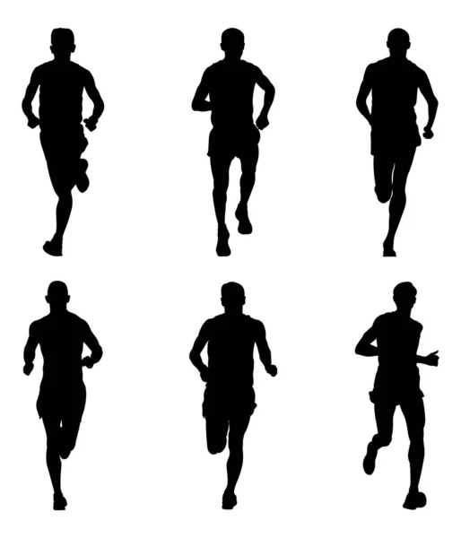Set Running Marathon Male Athletes Black Silhouette Front View Sports — Stock Vector