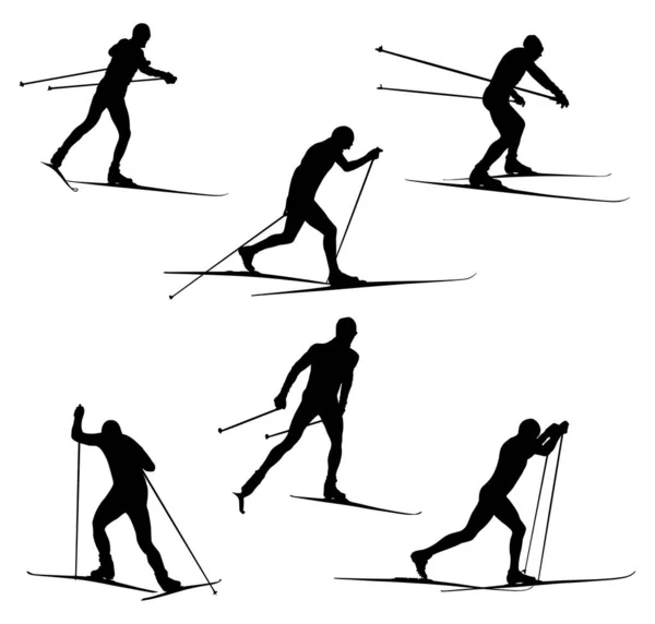 Set Athleten Skifahrer Langlauf Rennen Schwarze Silhouette Wintersport Spiele — Stockvektor