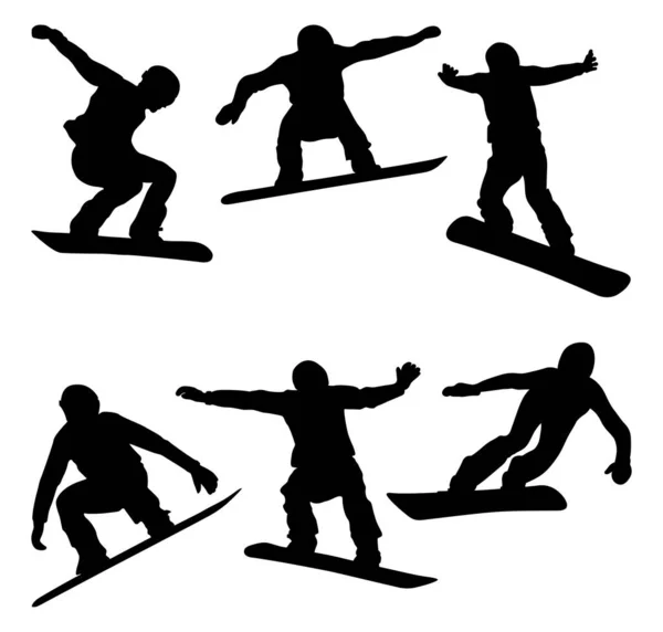 Set Athleten Reiter Snowboard Wettbewerb Schwarze Silhouette Wintersport Spiele — Stockvektor