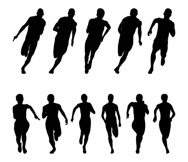 赛跑选手短跑运动员男子和女子田径运动员在白人背景上的黑色轮廓 — 图库矢量图片