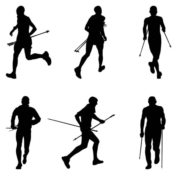 Conjunto Atletas Corredor Corriendo Skyrunning Con Bastones Trekking Silueta Negro — Archivo Imágenes Vectoriales