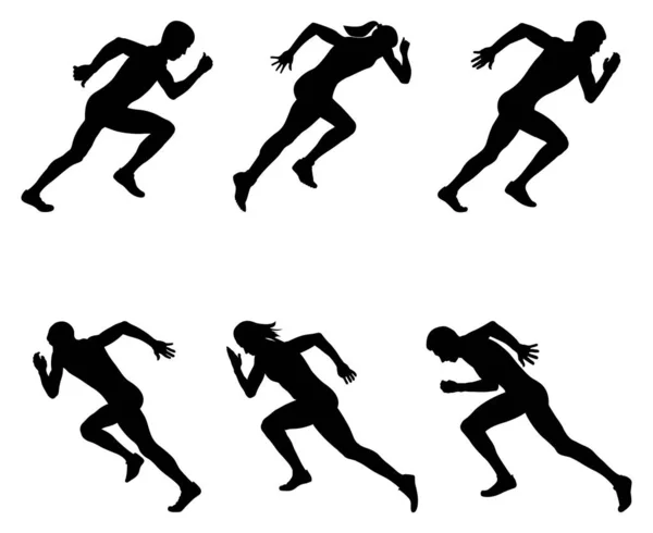 Set Στίβου Δρομείς Δρομείς Άντρας Και Γυναίκα Αρχίσει Τρέχει Αγώνα — Διανυσματικό Αρχείο