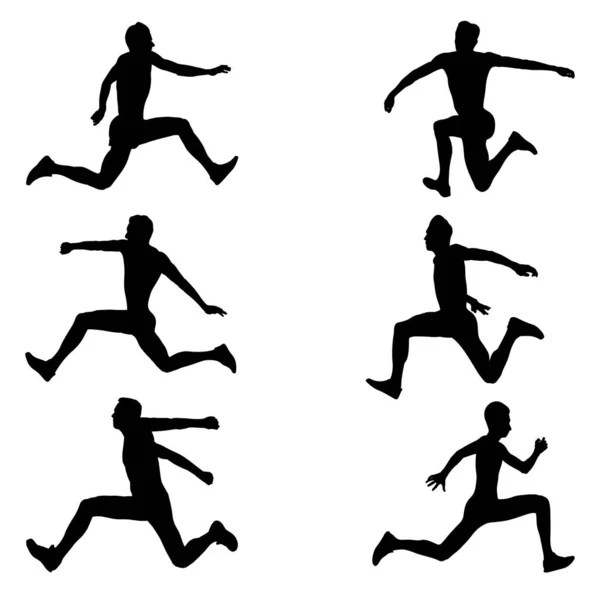 Set Black Silhouette Male Athlete Triple Jump Athletics Competition Summer — Stock Vector