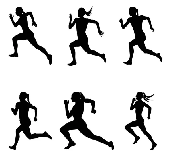 Satz Sportlerin Läuft Sprintrennen Leichtathletik Wettbewerb Schwarze Silhouette Auf Weißem — Stockvektor