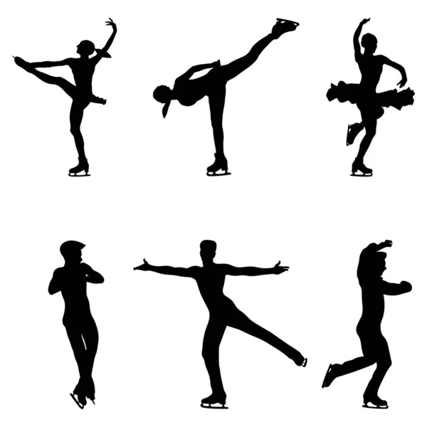 Set Young Female Male Athlete Skaters Figure Skating Black Silhouette — Stock Vector