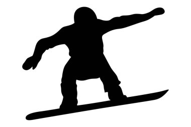 Siyah siluet snowboardcu atlayışı ve uçuş snowboard dünya kupası, yan görüş, beyaz arka planda spor vektör illüstrasyonu