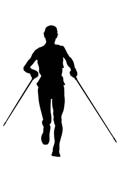 Sportler Läuft Mit Trekkingstöcken Schwarze Silhouette — Stockvektor