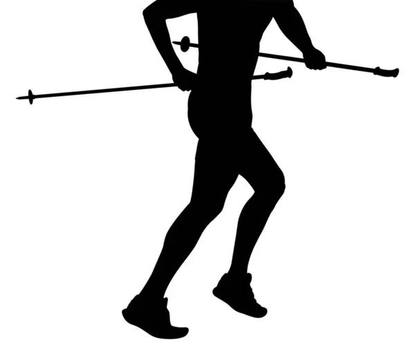 侧视图轮廓男性运动员身体的一部分 手握远足杆子 向上跑 黑色轮廓矢量图 — 图库矢量图片