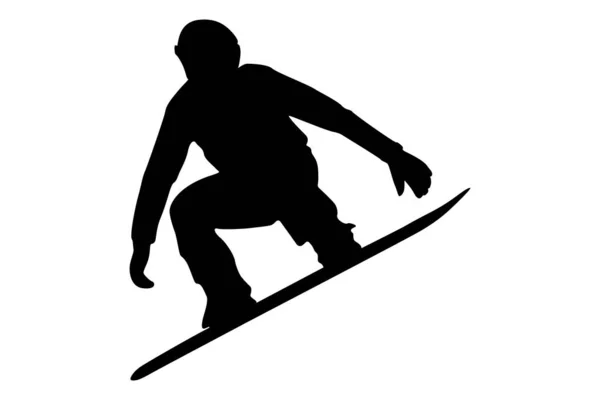 Atleta Snowboarder Salto Vuelo Competición Snowboard Vista Lateral Silueta Negra — Vector de stock