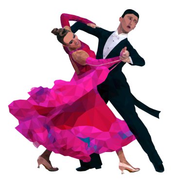 Renkli üçgenler, balo dansında çift dansçılar, beyaz arka planda vektör.