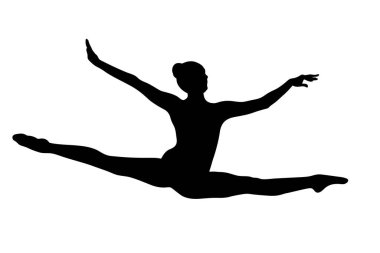 female gymnast split jump to compete in rhythmic gymnastics, black silhouette on white background, vector illustration clipart