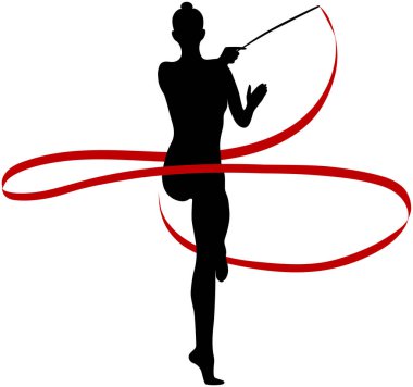 Ritmik jimnastik için kırmızı kurdeleli kız jimnastikçi, beyaz arka planda siyah siluet, vektör illüstrasyonu