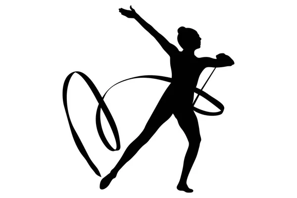 Girl Gymnast Ribbon Exercise Rhythmic Gymnastics Black Silhouette White Background — Stock Vector