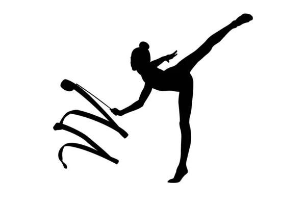 Dziewczyna Gimnastyczka Czarny Sylwetka Ćwiczenie Wstążka Rytmiczny Gimnastyka Biały Tło — Wektor stockowy