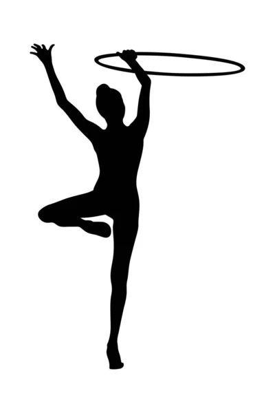 若い女性の運動は フープリズム体操 白の背景に黒いシルエット ベクトルイラスト — ストックベクタ