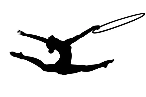 Mädchen Turnen Split Sprung Mit Reifen Rhythmischer Gymnastik Schwarze Silhouette — Stockvektor