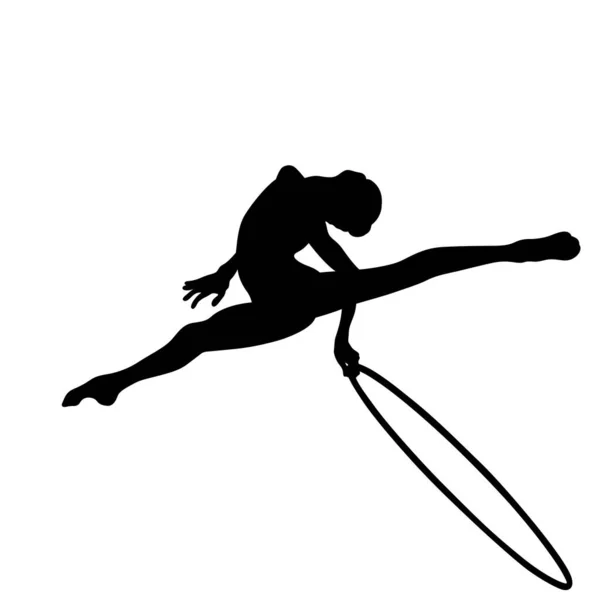 Kadın Jimnastikçi Çemberle Birlikte Ritim Jimnastik Yan Görünümü Beyaz Arka — Stok Vektör