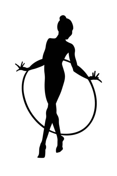 Rhythmic Gymnasts Exercise Hoop Girl Gymnast Black Silhouette White Background — Stock Vector