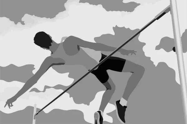 Atleta Salto Alto Che Salta Sfondo Nuvole Silhouette Bianco Nero — Vettoriale Stock