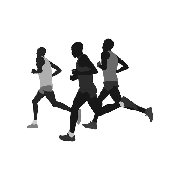 Csoport Sportolók Maraton Futó Fekete Fehér Sziluett Fehér Háttér Vektor — Stock Vector