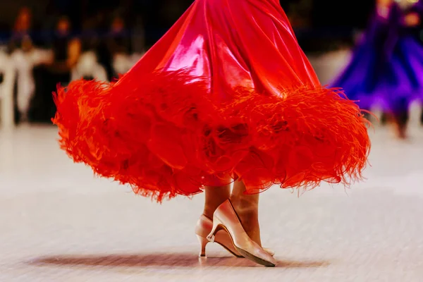 Close Red Ball Gown Feet Slipper Female Dancer Parquet — Stock Photo, Image