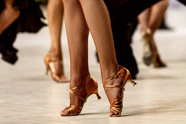 Female Dancer His Toes Close Legs Dancing Shoes Fishnet Black — Stock Photo, Image