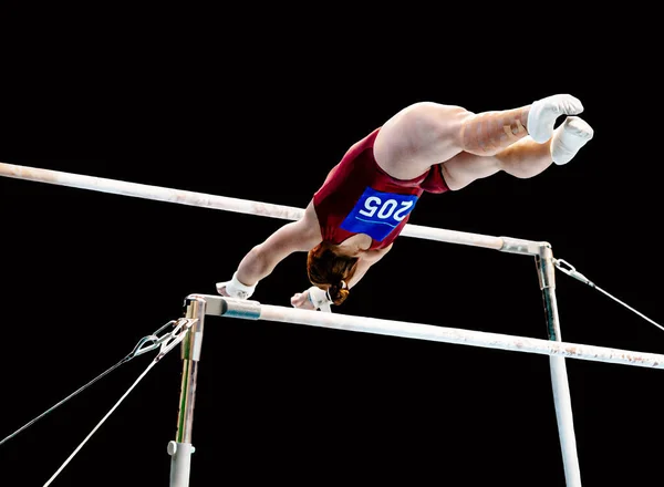 Female Gymnast Exercise Uneven Bars Gymnastics Black Background Sports Summer — Stock Photo, Image