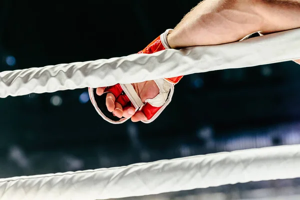 Fighter Hand Red Glove Lies White Rope Ring — Stock Photo, Image