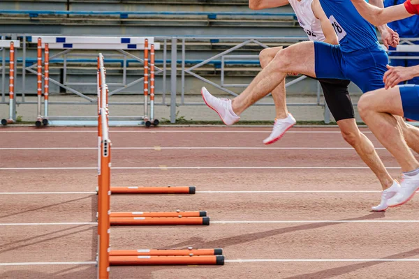 Three Athlete Runners Running Together 100 Meters Hurdles Race Summer — Stock Photo, Image