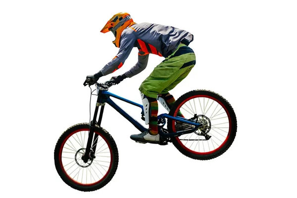 Male Rider Downhill Bike Jumping Drop Racing Mountain Bike Isolated — Stock Photo, Image